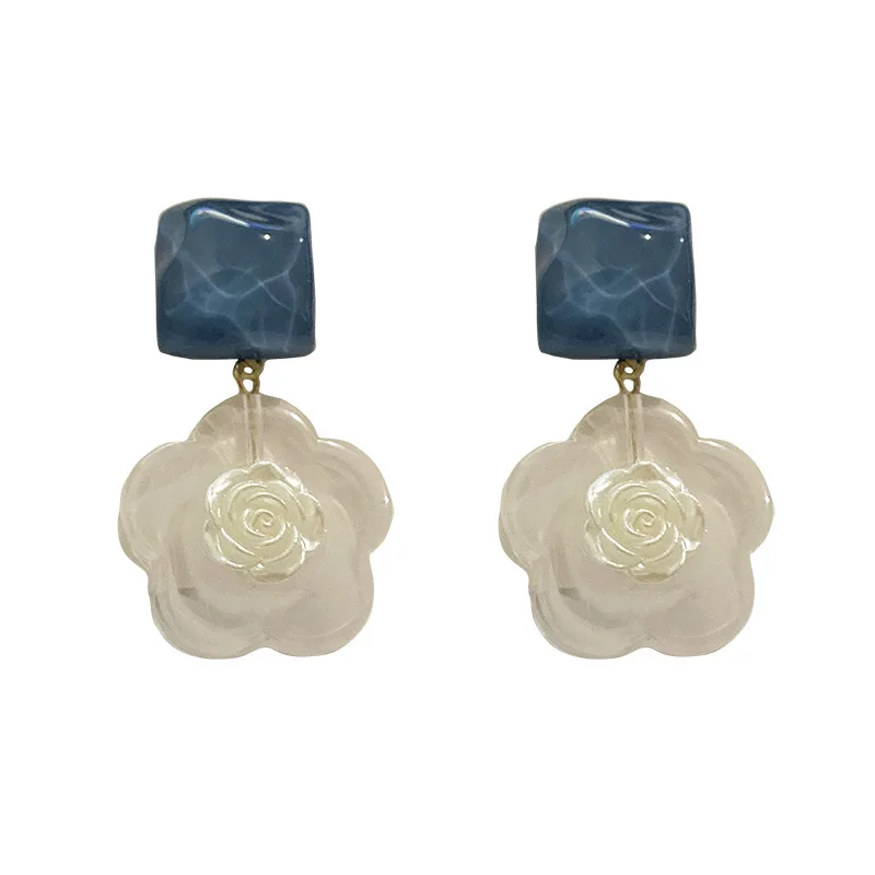

Sea Style Blue Rose Earrings Women's Niche Design Acrylic Acetate Ear Studs to Make round Face Thin-Looked Ear Rings