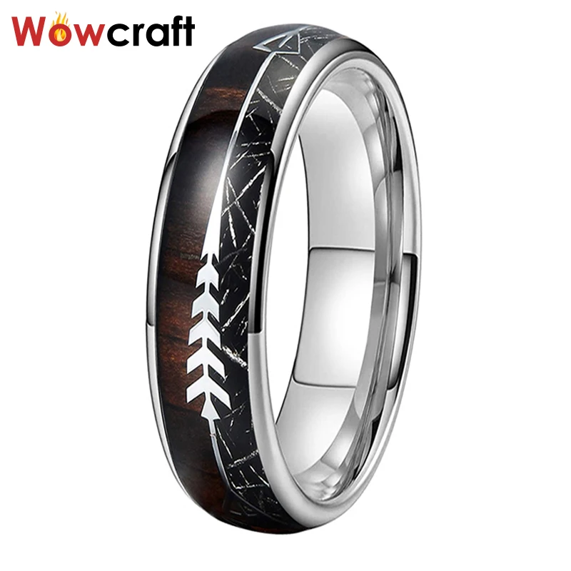 

6mm Tungsten Rings Men Women Arrow Wood Black Meteorite Inlay Dome Shaped Comfort Fit