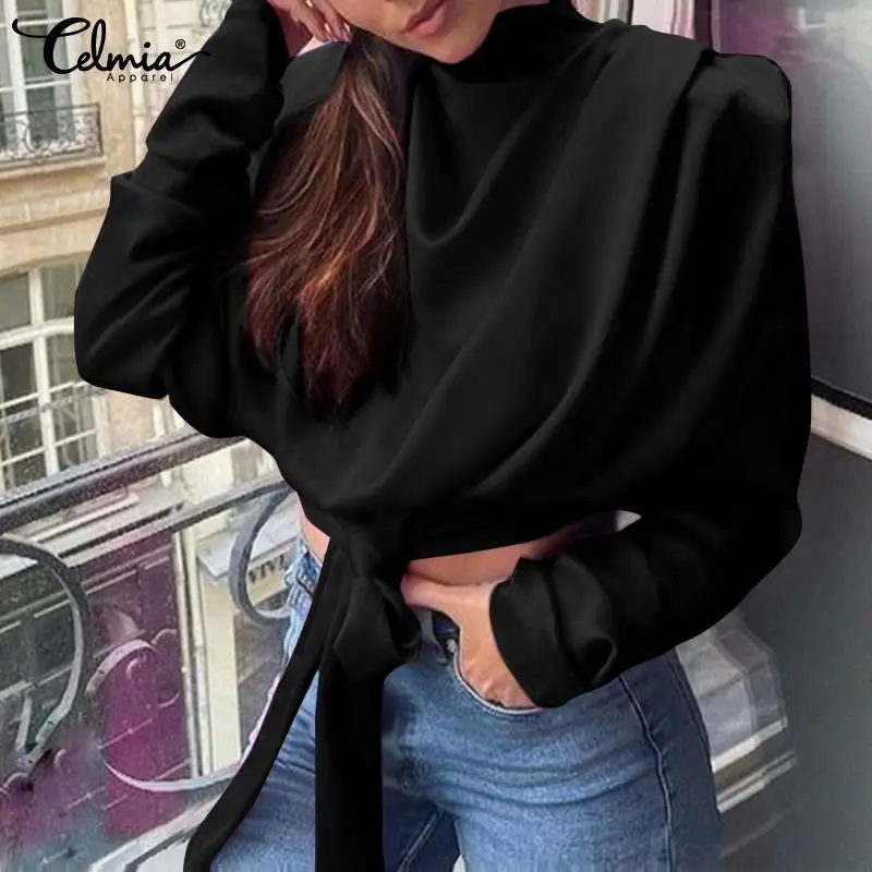 

Women Fashion Satin Crop Top Celmia 2022 Stylish High Collar Long Sleeve Bare Midriff T-shirt Y2K Pleated Bandage Hem Short Tees
