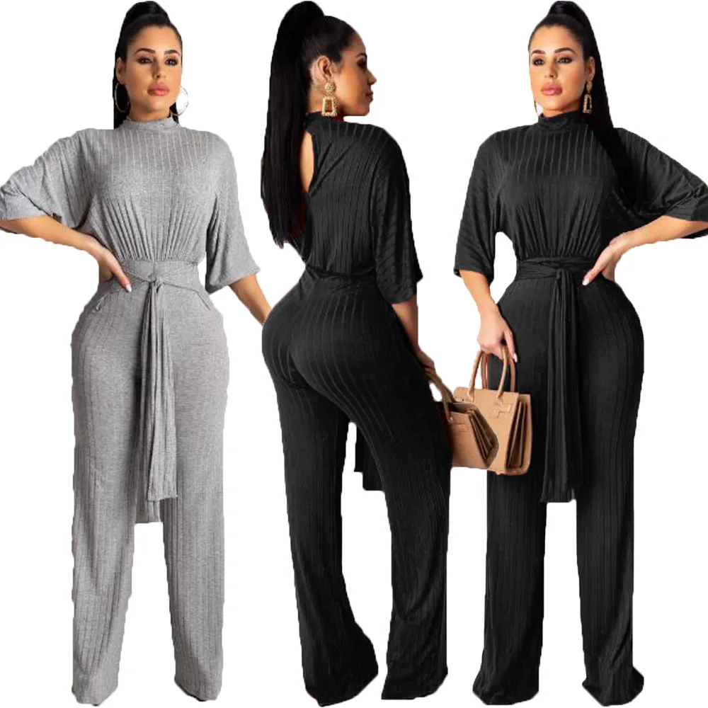 

Half Long Sleeve Casual Autumn Romper O Neck Sashes Bandage Women Solid Knitted Loose Jumpsuits 2019 Fashion Club Black Overalls