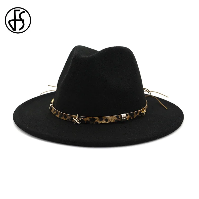 FS женская черная фетровая шляпа из шерсти с леопардовым принтом бантом на поясе