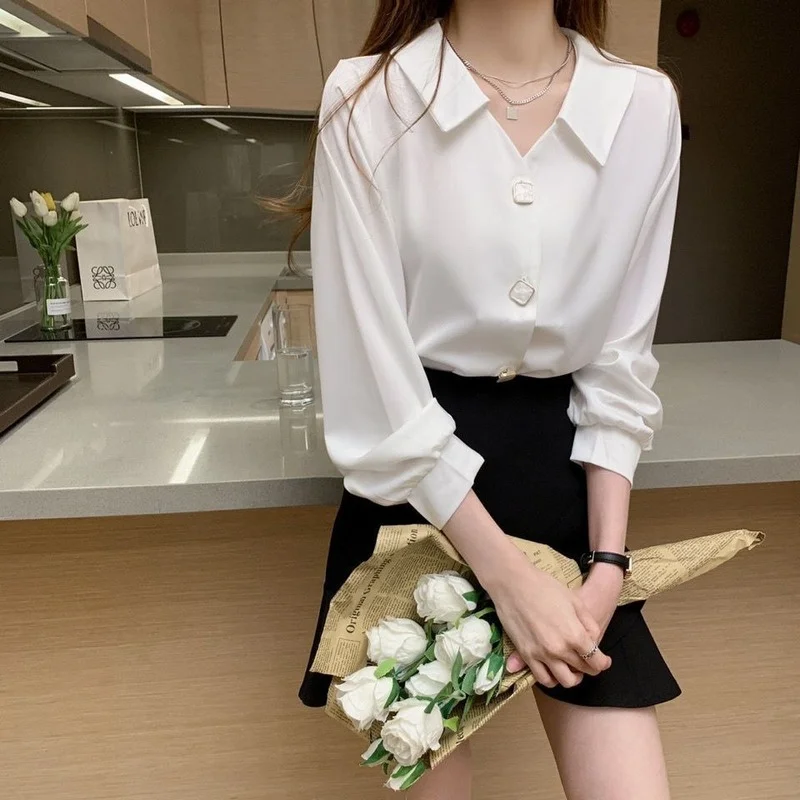 

Chiffon Shirts Women Korean Style Leisure Chic Elegant Tender Popular Mellow Trendy Mujer Unique Aesthetic Solid All-match Fall