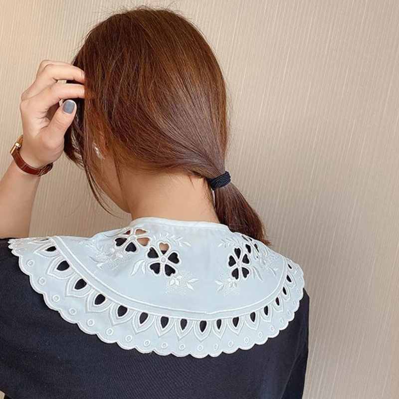 

Korean Women White Cotton Fake Collar Shawl Wrap Hollow Out Floral Fish Scales Necklace Scarf Embroidery Short Poncho