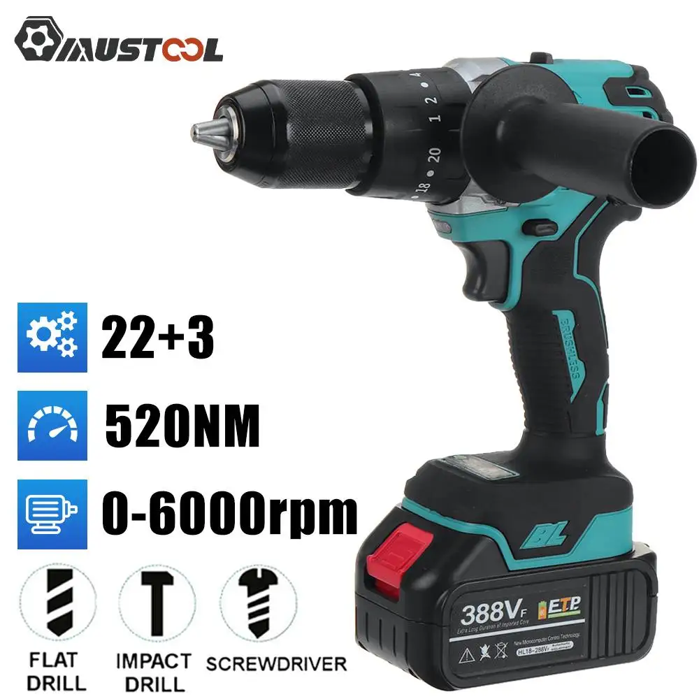 

MUSTOOL 13mm 3 In 1 Brushless Electric Impact Drill 520N.M 20+2 Torque Cordless Screwdriver Hammer Drill for Makita 18V Battery