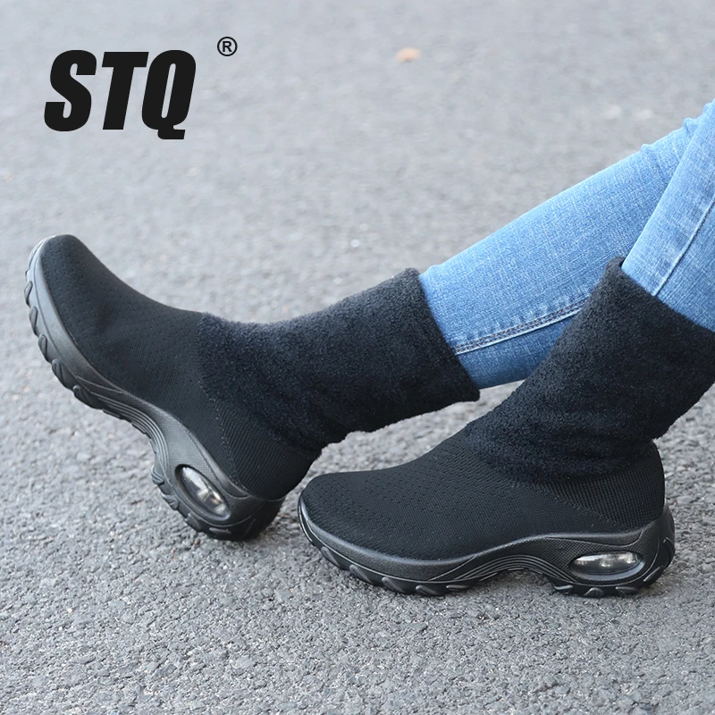 STQ/женские зимние сетчатые кроссовки на плоской подошве женская дышащая обувь
