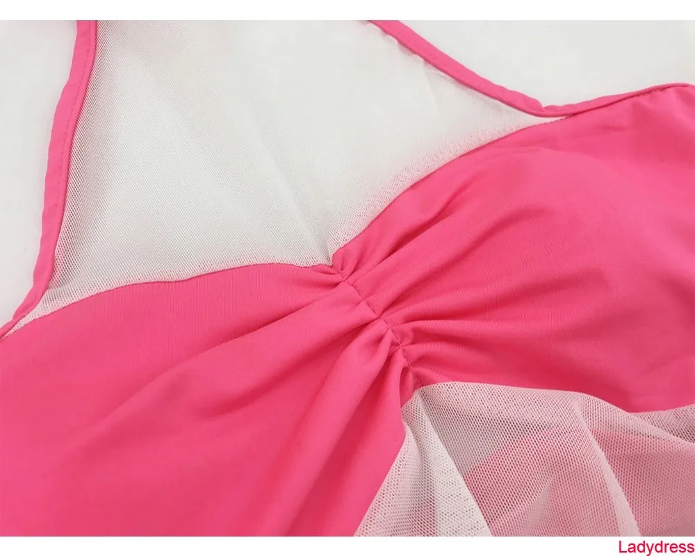 

2020 new Mesh Wrap Chest Sexy One Piece Swimwear Halter See Thought Body Women Wrap Chest Backless Pink Black Bodysuits Femme Sw