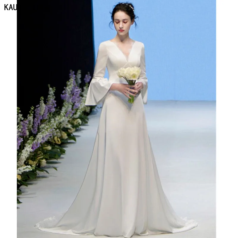 

KAUNISSINA Long Wedding Dresses for Bride Flare Sleeve V-Neck Lace Satin Simple Wedding Gowns Sweep Train Luxury Bridal Dresses