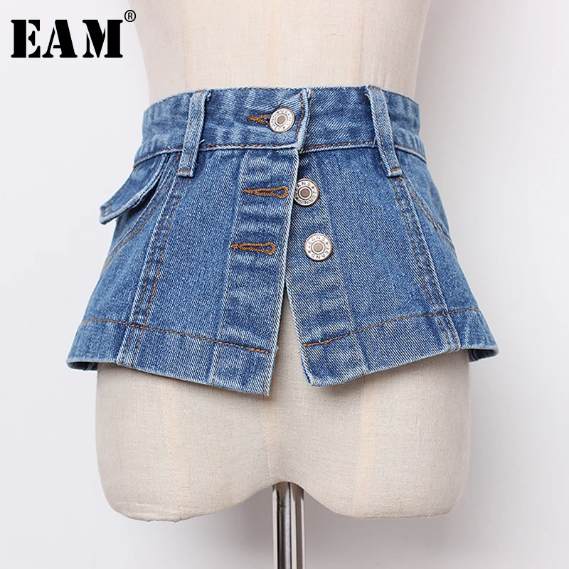 [EAM] Новинка 2021 года Сезон весна лето Джинсовая ткань Широкий пояс на пуговицах