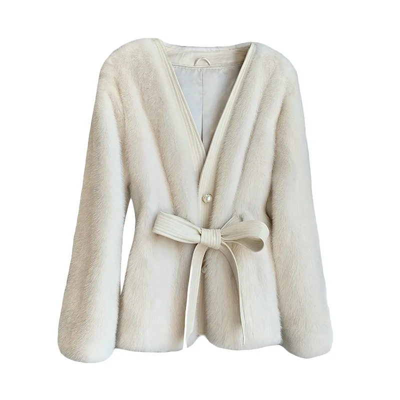 

Women's Fur Coat V-neck Long Sleeve High Waist Patchwork Bow Tie Sweet Girl Fashion Coat Women