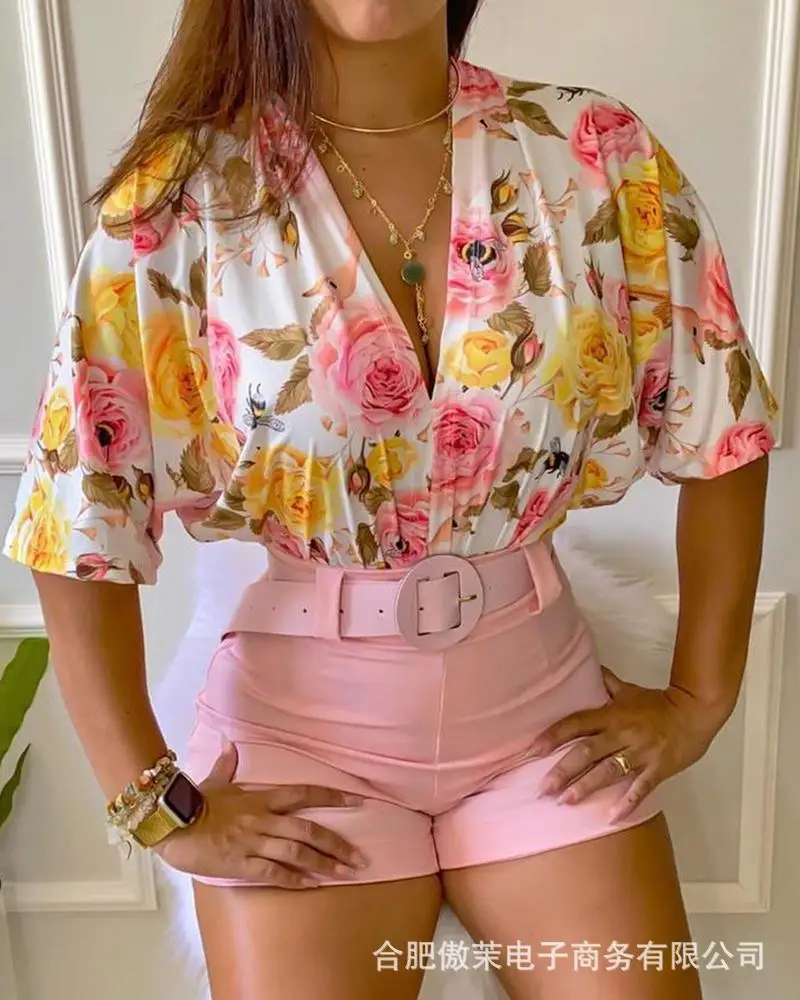 

Women Plain Short Sleeve Floral Print Single Breasted Shirt & Shorts Set Two pieces Set Casual Women Sets