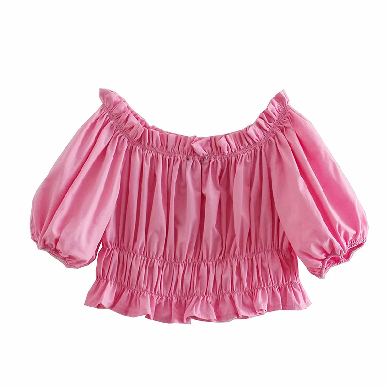 

Slash neck shirt Women's Short Top Sexy Bubble Short-Sleeved Off-The-Shoulder Stretch Poplin Solid Color Sweet Top