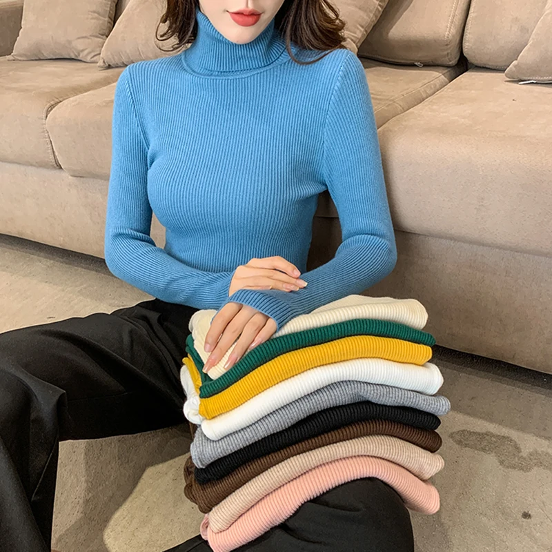 

2021 Autumn Winter Sweater Women Knit Ribbed Pullover Sweaters Long Sleeve Female Turtleneck Slim Jumpers Soft Warm Pull Femme