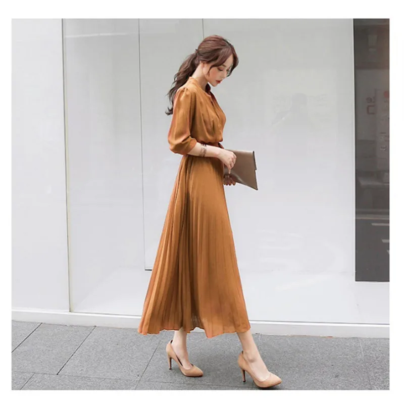 Женское Элегантное Длинное платье с поясом и длинным рукавом свободное