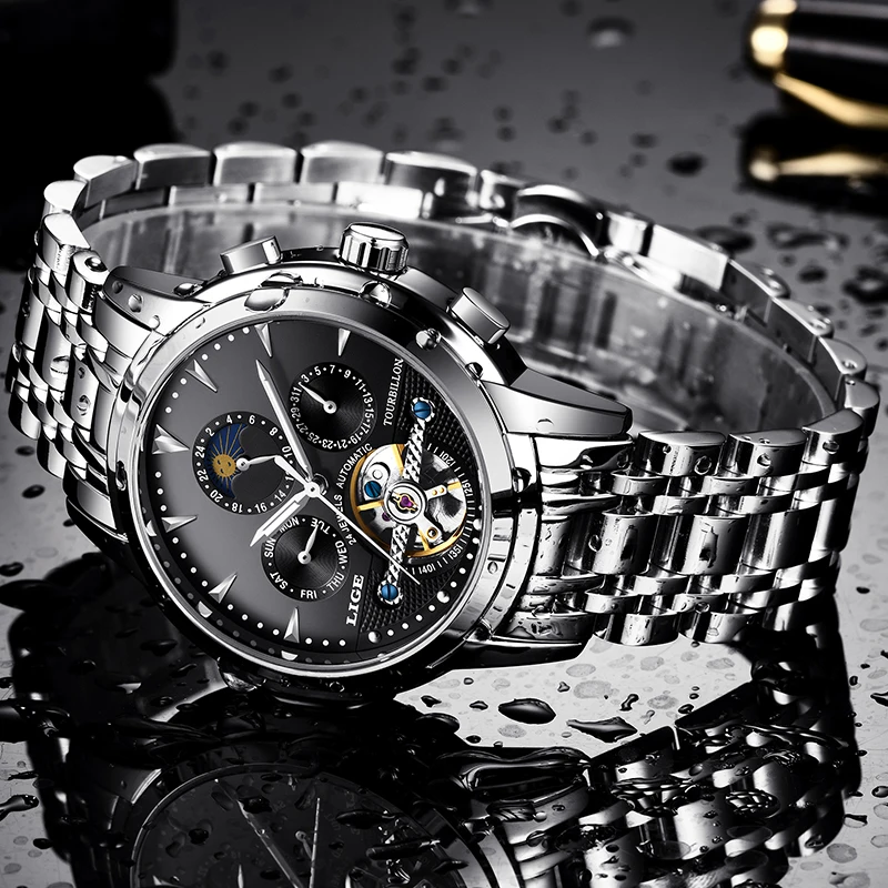 Часы наручные LIGE Мужские механические брендовые Роскошные деловые модные в