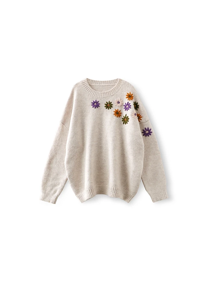 

New Style in Autumn and Winter 2020, Women's Embroidered Flower Knitted Sweater, Long Sleeve Round Neck Oversized Top Fashion
