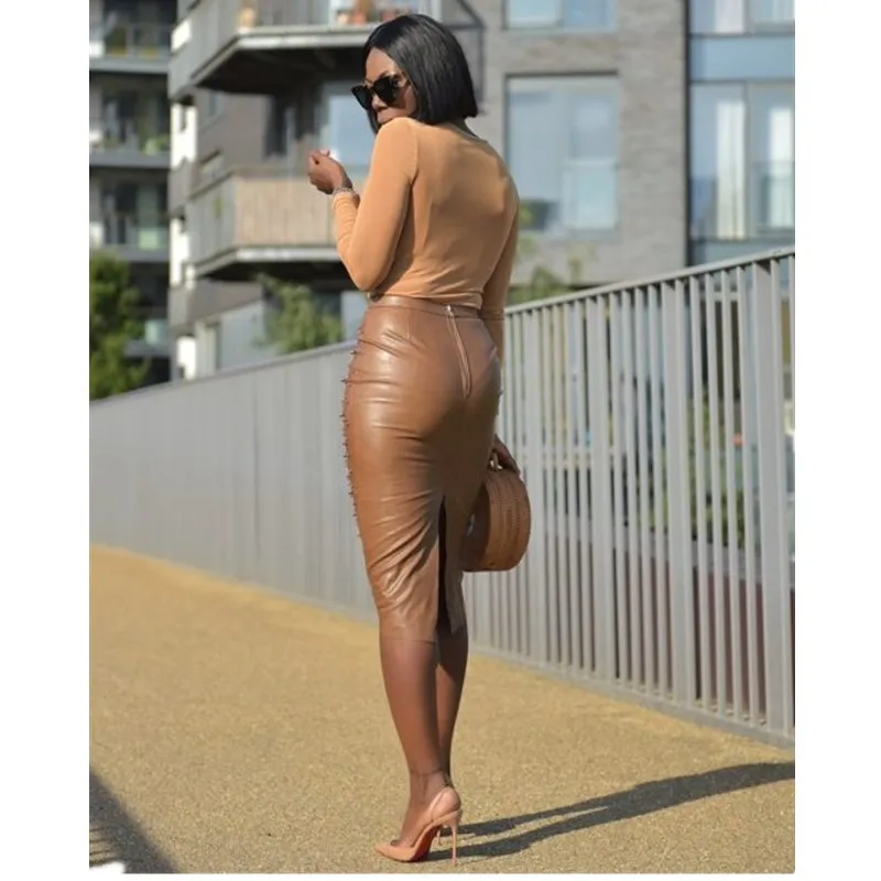 Юбка женская из искусственной кожи с высокой талией бусинами эластичная черная