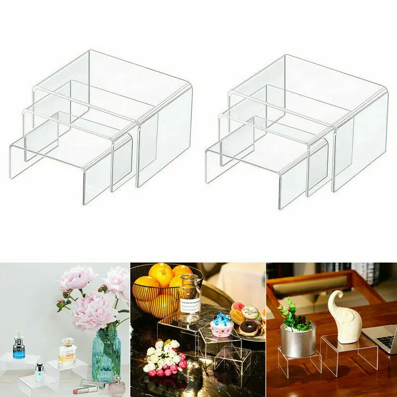 

3pc Square Transparent Acrylic Display Column Riser Stand Shelf Window Counter Display Jewelry Gifts Showcase High Quality