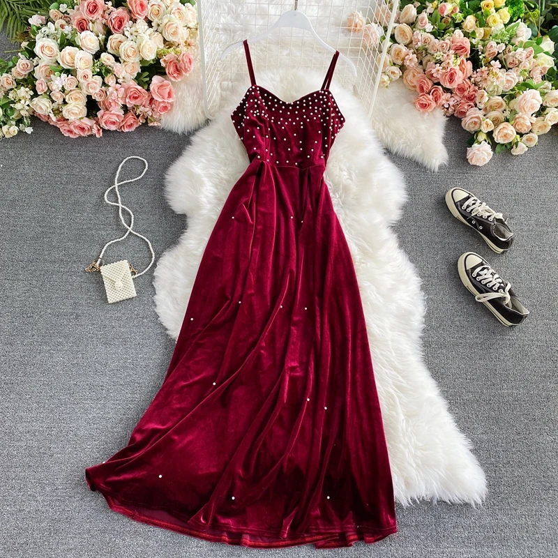 

Женское бархатное платье на бретелях-спагетти, Привлекательное элегантное вечернее платье вечерние высокой талией и широкой юбкой, облега...