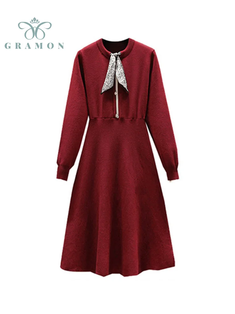 

Party Dress Women Plus Size Long Sleeve Knitted Lace Up Red Midi Dress Chic Vintage Elegant Vestidos Longo Mujer Autumn Clothes
