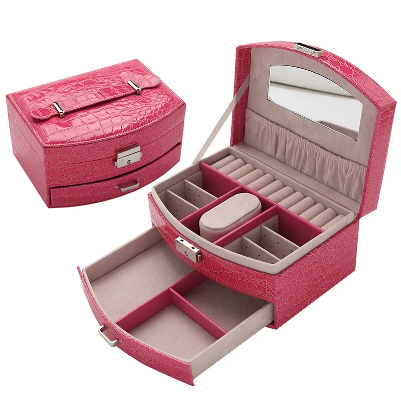 

Portable crocodile grain leather jewelry box fan receive jewelry box with a lock wedding birthday gift jewelry boxes