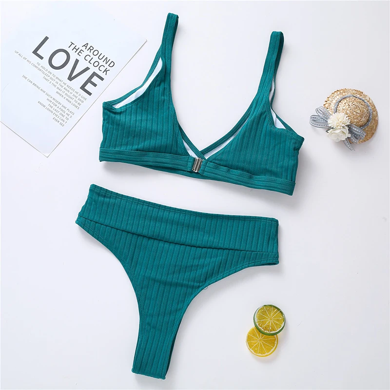 

Ribbed Swimwear High Waisted Solid Bikini Women Sexy V-Neck Bathing Suit 2021 High Cut Swimsuit Biquini Summer Bikini Set Swim