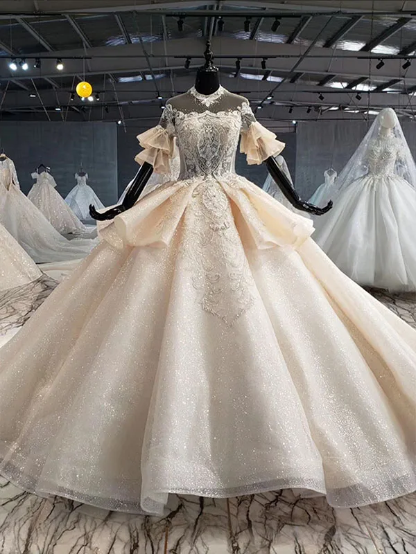 as picture HTL1061 арабские Свадебные платья Дубай Иллюзия бисера блестками кружева с коротким рукавом свадебное платье размера плюс vestido de noiva princesa - Цвет: as picture