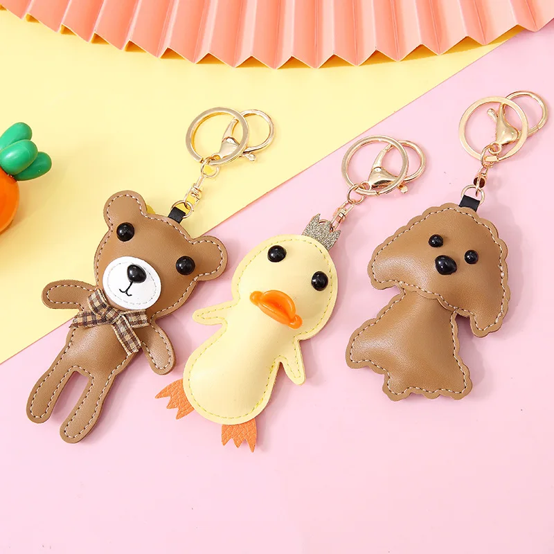 

Creative Leather Bear Keychain Ring Cute Animal PU Leather School Bag Accessories Pendant Car Keychain Student Doll Gift 2021New