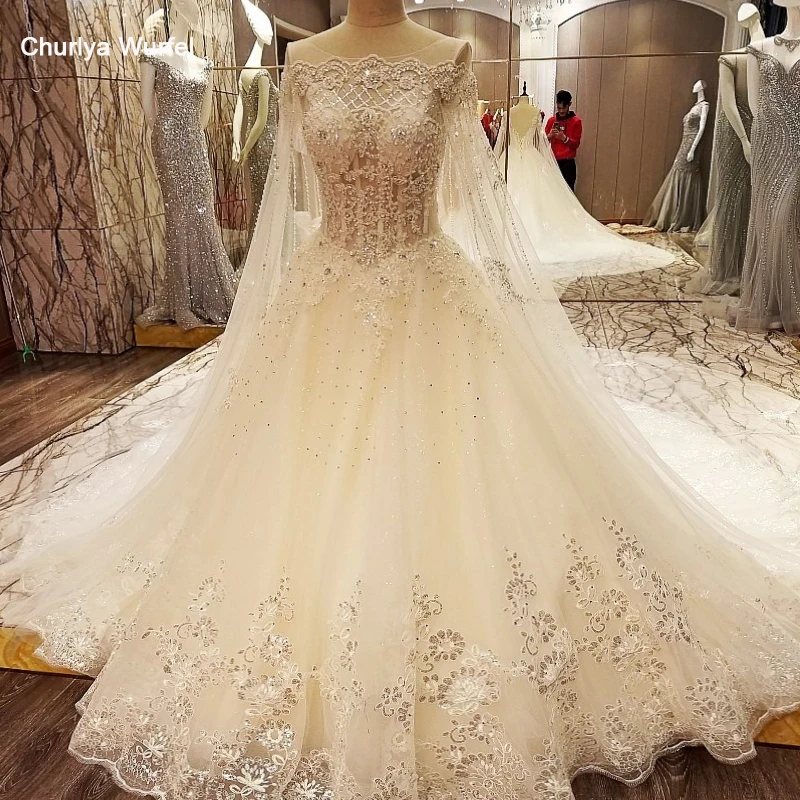 LS97843 свадебное платье с рукавамииллюзия шеи кружева кристалл свадебные платья с длинным плащ шарик платье корсет назад слоновая кость и шампанское реальные фотографии