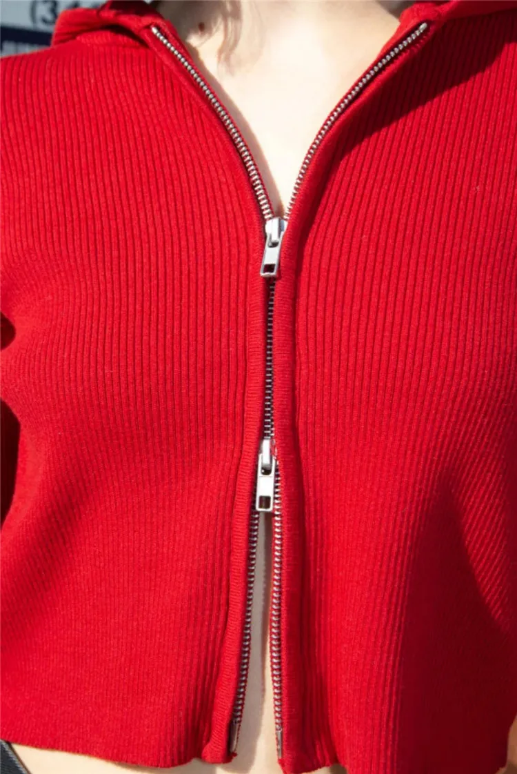 

Korean Women Sweaters 2020 New Hooded Double Zip Long-Sleeve Knit Sweater Women's Autumn Casual Solid Simple Cardigan