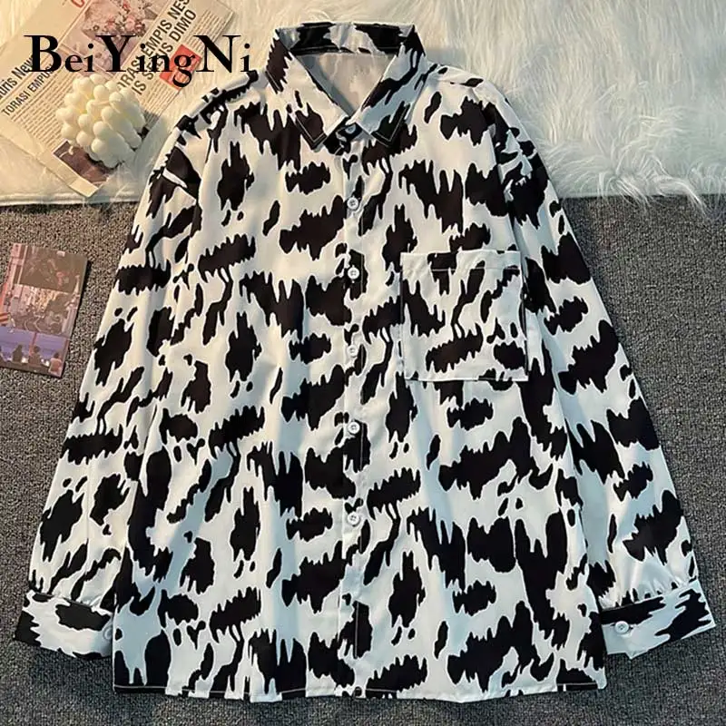 

Beiyingni Women's Shirts Print Vintage 2021 Spring Autumn Full Sleeve Blouses BF Chic Female Blusas Preppy Outwear Camisas Tops