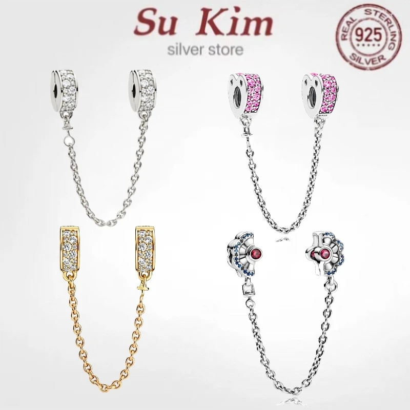 

New Hot sale luxury Real 925 Sterling Silver pan beads Safety chain Fit Original Charm bracelet For Women fashion DIY Jewelry