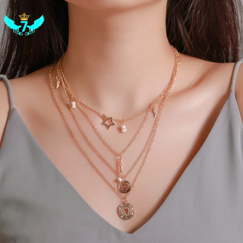 Винтажное простое ожерелье с подвеской в виде пентаграммы многослойное из