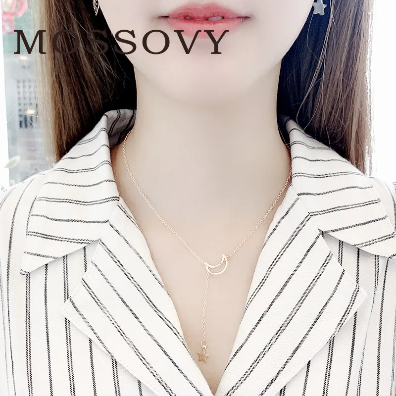 Mossovy длинные серебряные подвески ожерелье s для женщин золотое с Луной и звездой