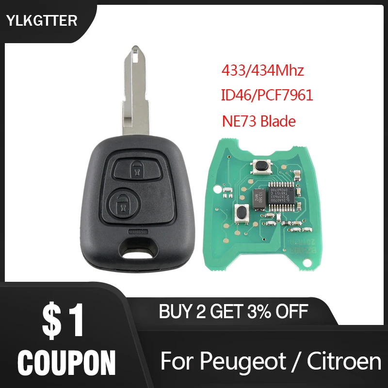 

YLKGTTER 433/434Mhz 2 Buttons Remote Key Fob Controller For Peugeot 206 Transponder Chip ID46/PCF7961 & Uncut DIY NE73 Blade