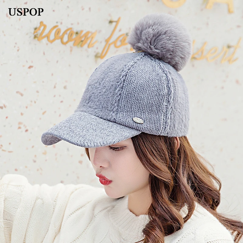 USPOP 2019 зимние шапки Женская бейсбольная кепка бархатные вязаные бейсболки теплые