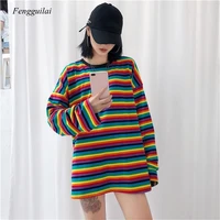 spring rainbow stripe t shirt autumn harajuku female t shirt long sleeve oversized t shirts women korean tops hip hop streetwear
