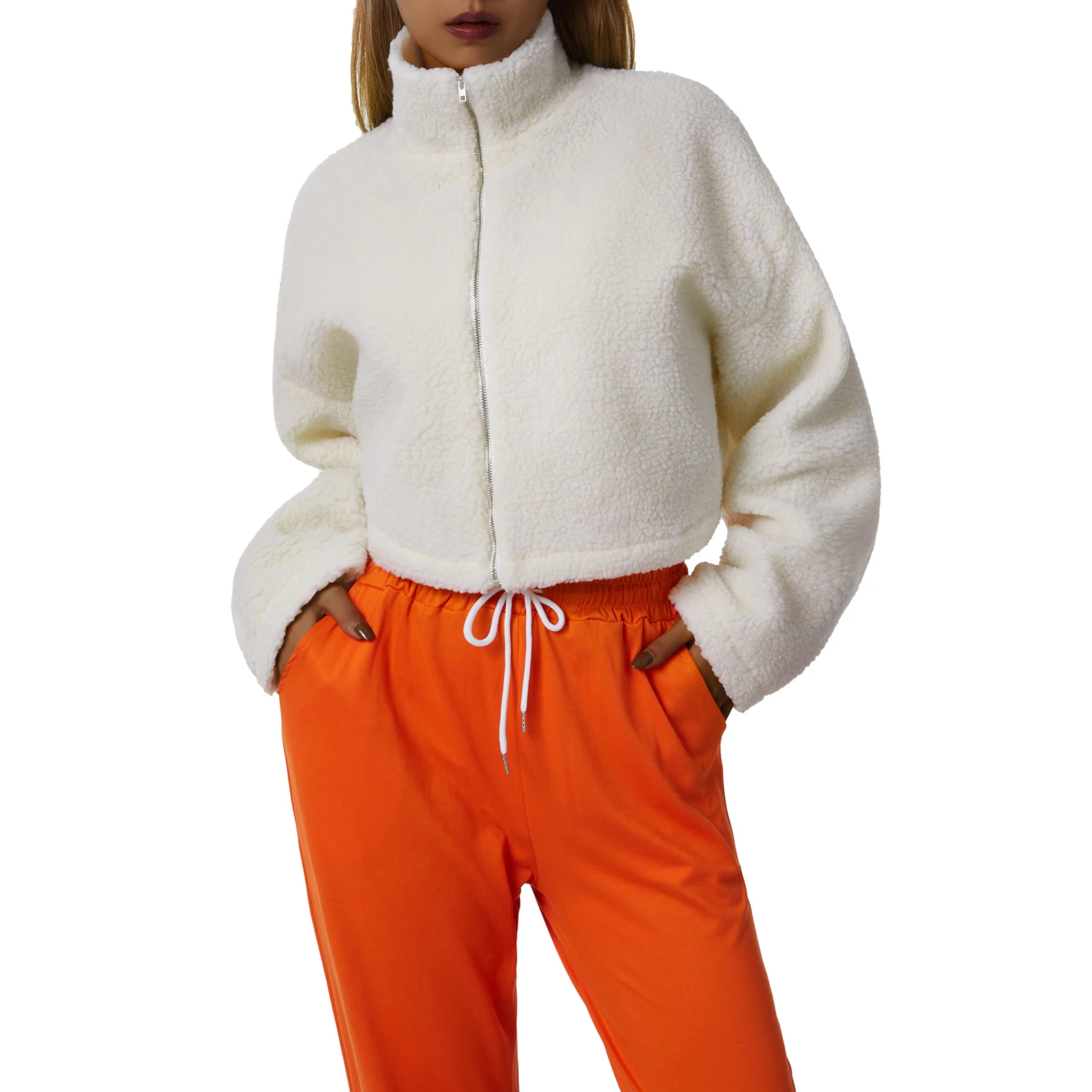 

Women’s Faux Shearling Jacket, Solid Color Zipper Stand Collar Fleece Fuzzy Shaggy Loose Warm Coat