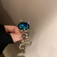 minar korean fashion sparkly rhinestone cat pendant brooches for women gold color alloy animal charm brooch everyday accessories