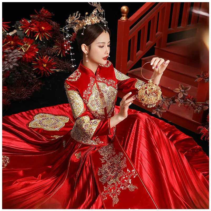 

Bride Wedding Dress Chinese Style Cheongsam Exquisite Embroidery Marriage Suit Noble Bride Costume Elegant Toast Clothing