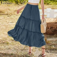 summer skirts zanzea vintage women ruffles elastic waist solid vocation a line jupe faldas saia lace up oversized long ol skirt
