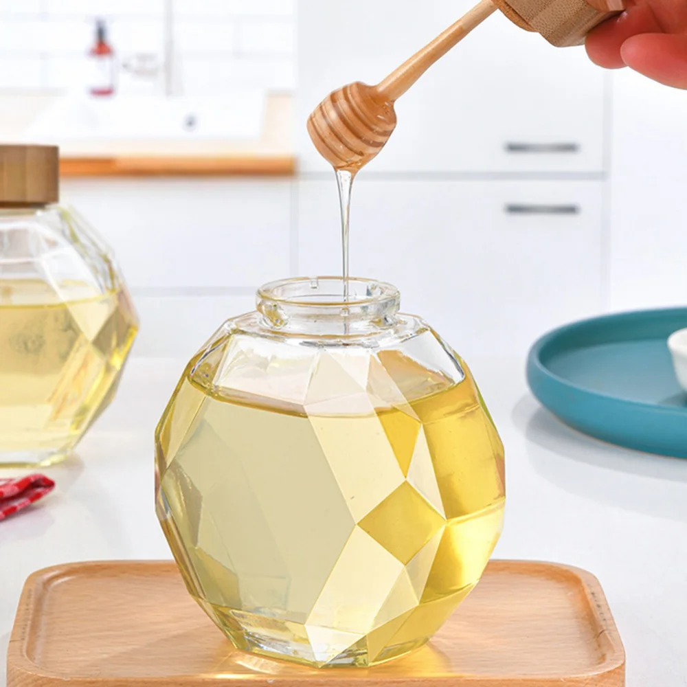 220ML/380ML Hexagonal Glass Honey Bottle with Wooden Stirring Rod Honey Pot Clear Jam Sealing Jar Kitchen Home Storage Bottle images - 6