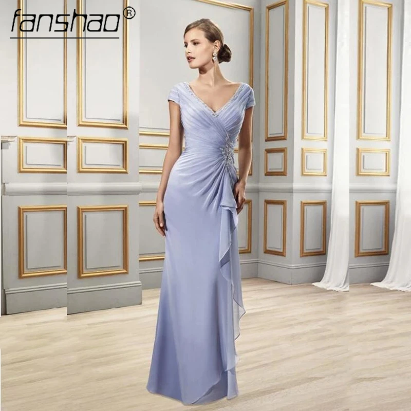 

Fanshao Lavender Chiffon Evening Dresses V Neck Short Sleeve Pleat Draped Beading Sequin Formal Occasion Gowns Fashion
