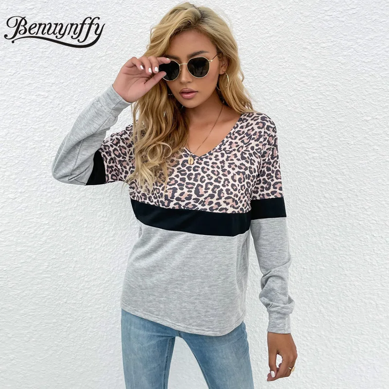 

Benuynffy V-neck Leopard Color Block Woman T-Shirts Spring and Autumn Fashion Women Tops 2021 Casual Long Sleeve Tees Shirts