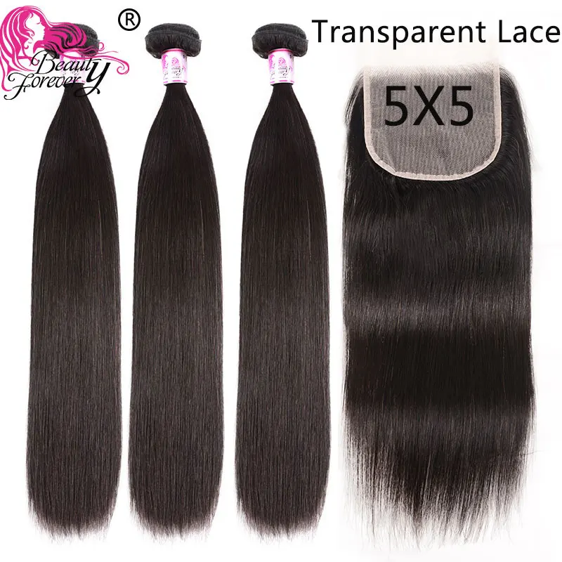 Красота навсегда бразильские прямые человеческие волосы пучки с закрытием 5*5