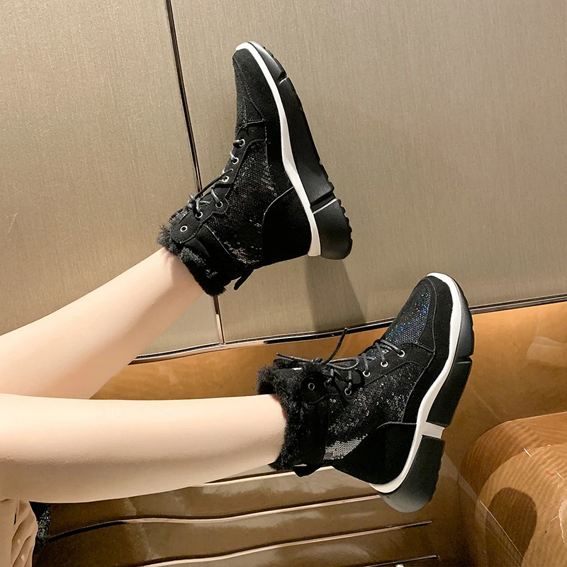 

ADBOOV Winter Fur Lining Ankle Women Boots Fashion Bling Ladies Warm Shoes Femmes Bottes