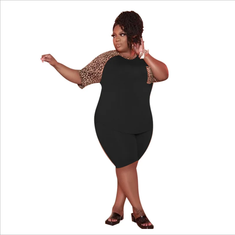 

Leopard Patchwork Women Plus Size Tracksuits 2021 Summer New Elastic Waist Biker Shorts + O-Neck Loose T-shirts Casual Outfits