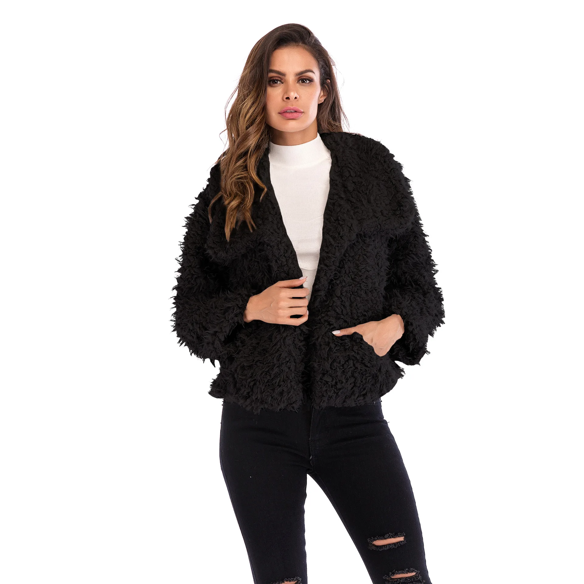 

2019 Winter Women Elegant Coat Lapel Loose Fake Fur Jacket Casual Blends Solid Warm feminino abrigo Plus Size Ladies Tops
