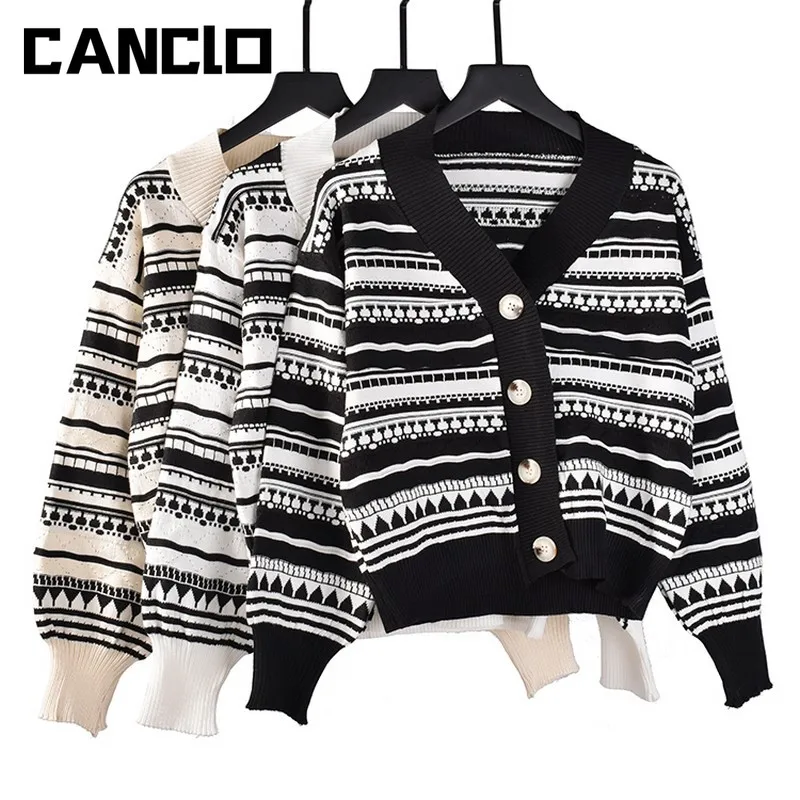 

Women Short Cardigan Knitted Sweater Autumn Winter Long Sleeve V Neck Jumper Crop Top Femme Vintage Clothes Coat Y2k Fashion