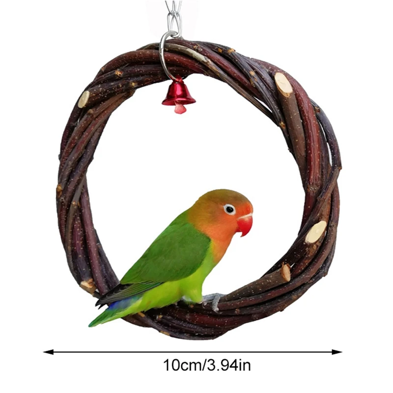 

1PC Bird Swing Toy Wood Round Bird Hanging Toy Parrot Swing Perch With Bell Rattan circle chew toy Bird Supplies Multicolor