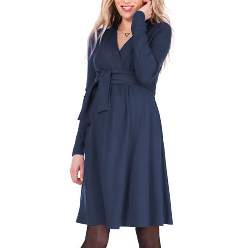 

Maternity Breast Feeding Dresses Women V Neck Long Sleeve Dress High Waist Pregnant Ladies Bandage Solid Color Dress